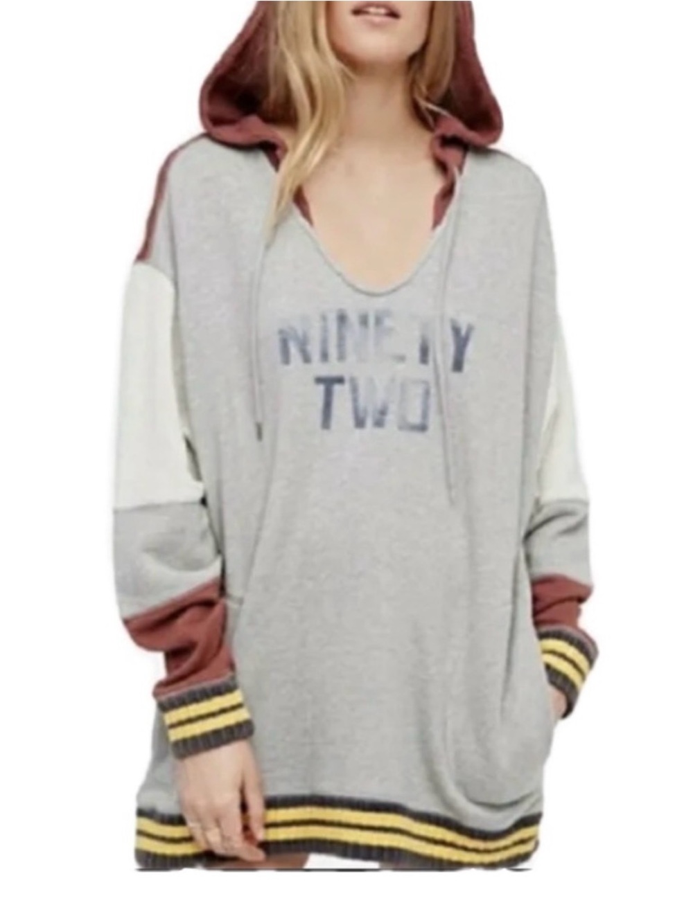 Free People Gray Hooded Colorblock Tunic with Rust and Cream Accents